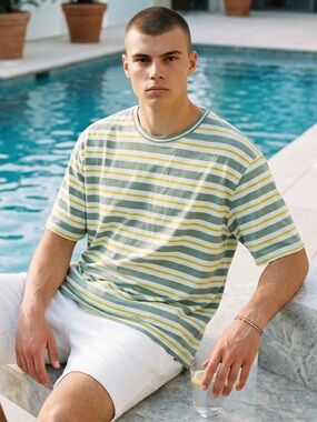 James Pringle men’s size large T-shirt olive white lime striped $35 short sleeve